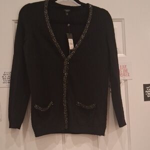 Talbots Elegant Black Cardigan with Silver Beaded Accents